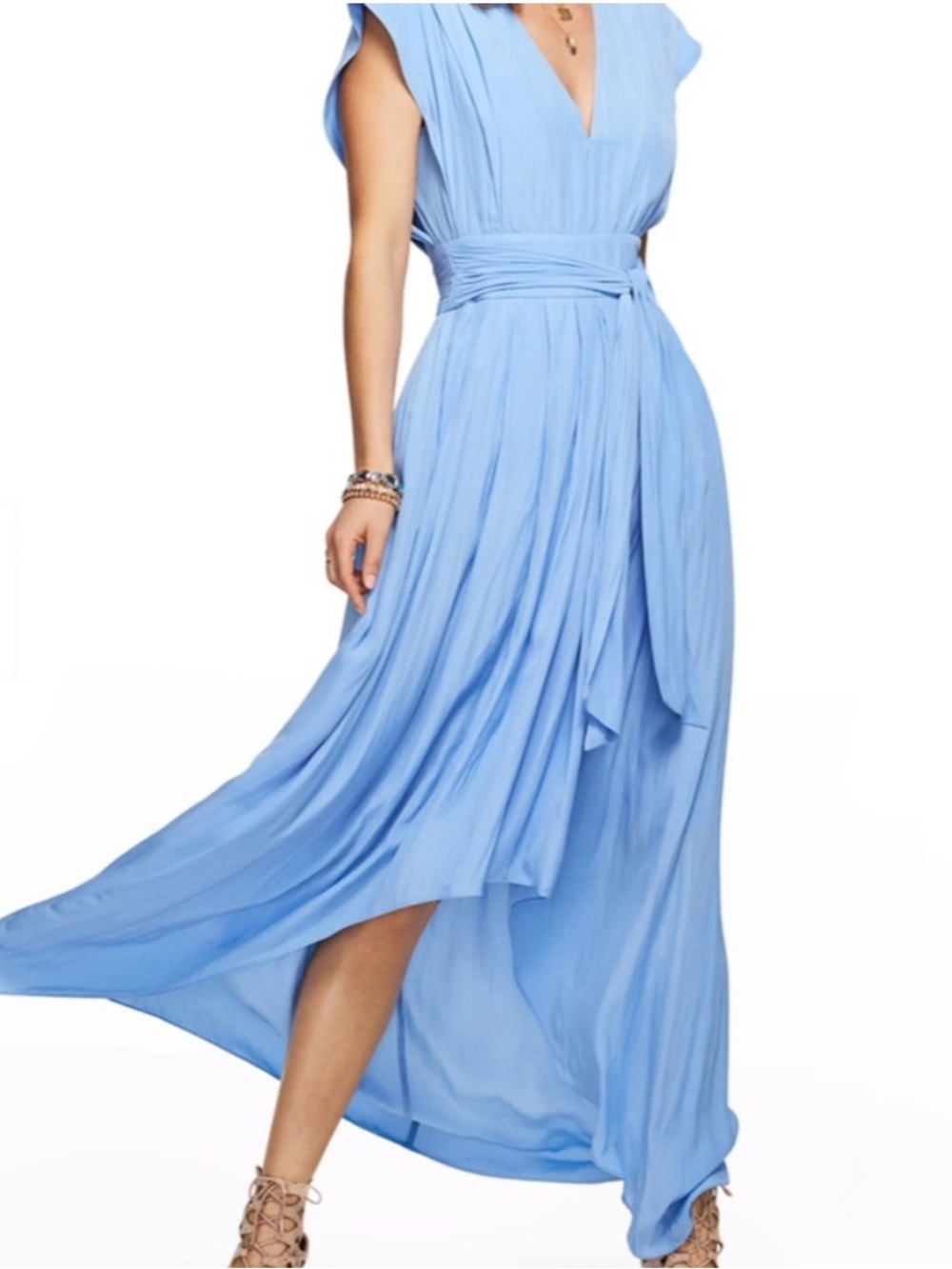 Ramy Brook Cornflower Blue Draped V-Neck Maxi Dress with Waist Sash Hi-Low